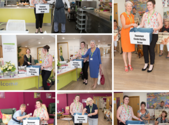 Collage of colleagues and volunteers drawing raffle tickets