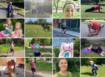 a collage of people streching and doing exercises