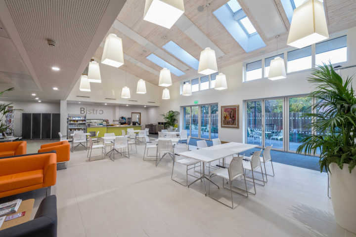 Bistro at the Arthur Rank Hospice Charity in Shelford with its lofty ceilings and bright airy seating area