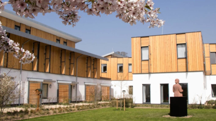 White building with half wood cladding and grass