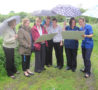 7 females under umbrellas looking at plans outside