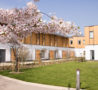 Cherry blossom in gardens with Hospice's Inpatient Unit in background