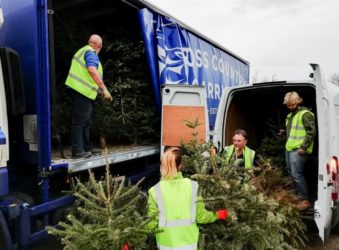 three males and a female loading lorry with Christmas trees