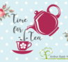 Logo for Time for Tea showing tea pot pouring into cup on Kath Kitson style wallpaper