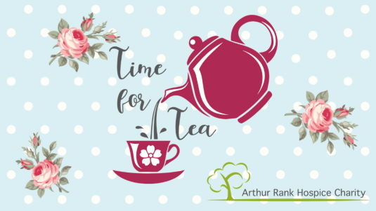 Logo for Time for Tea showing tea pot pouring into cup on Kath Kitson style wallpaper