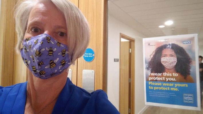 CEO, Sharon Allen, wearing a face covering