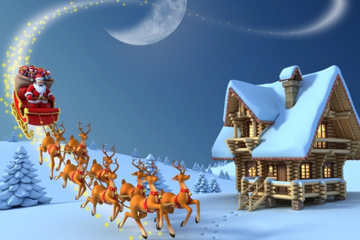 Cartoon illustration of Santa with reindeer approaching house
