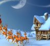 Cartoon illustration of Santa with reindeer approaching house