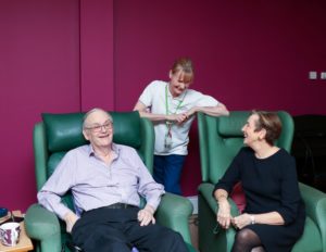 Arthur Rank Hospice Charity’s new President, Lady Chadwyck-Healey (right) meets to Day Therapy patient Eileen (middle) and Joint Day Therapy Lead Sue Rossiter in the Hospice’s physiotherapy gym. 