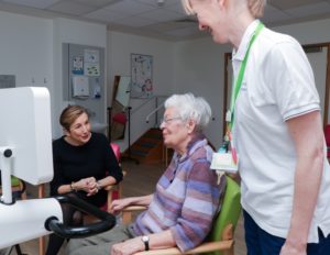 Arthur Rank Hospice Charity’s new President, Lady Chadwyck-Healey (right) meets to Day Therapy patient Eileen (middle) and Joint Day Therapy Lead Sue Rossiter in the Hospice’s physiotherapy gym. 