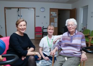 Arthur Rank Hospice Charity’s new President, Lady Chadwyck-Healey (right) meets to Day Therapy patient Eileen (middle) and Joint Day Therapy Lead Sue Rossiter in the Hospice’s physiotherapy gym. 