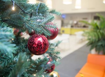 Red Christmas bauble on a tree in Hospice's Bistro