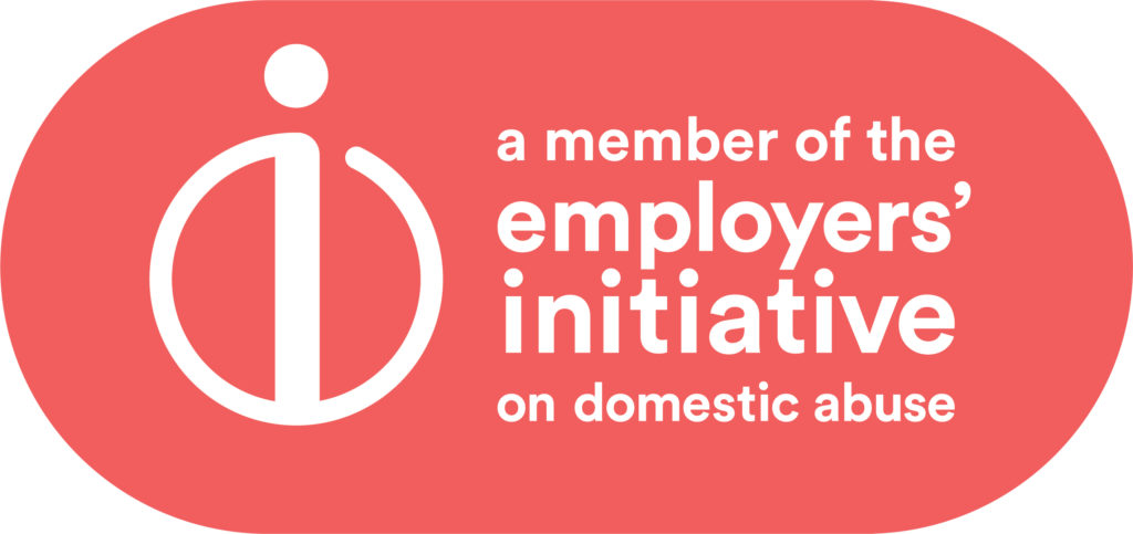 EIDA logo white writing on coral lozenge, with logo and words: 'a member of the employers' initiative on domestic abuse'