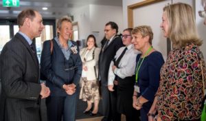 : His Royal Highness, The Earl of Wessex, Prince Edward accompanied by Lord Lieutenant Julie Spence is greeted by (right to left) Ms Isabel Napper Chair of Trustees and CEO of the Arthur Rank Hospice, Dr Lynn Morgan