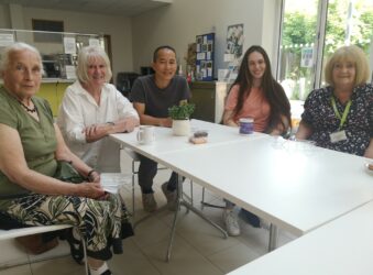Some of our Volunteers at Arthur Rank Hospice Charity enjoying tea and cake in their Bistro during National Volunteers Week 2021
