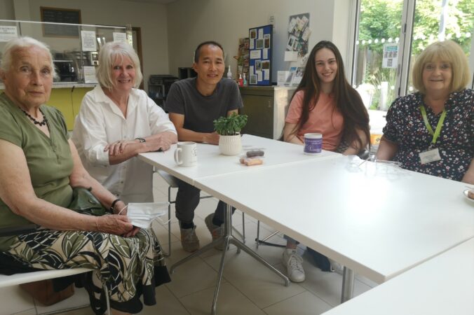 Some of our Volunteers at Arthur Rank Hospice Charity enjoying tea and cake in their Bistro during National Volunteers Week 2021