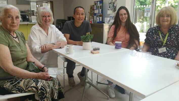 Some of our Volunteers at Arthur Rank Hospice Charity enjoying tea and cake in their Bistro during National Volunteers Week 2021