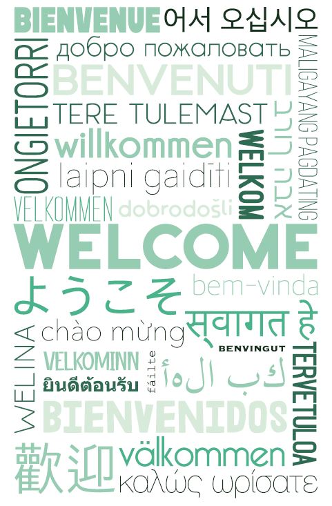 A poster showing the word 'Welcome' all in one green but in all different shapes, sizes and fonts