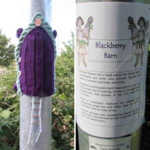 Purple and blue knitted fairy door on the lamppost leading to Arthur Rank Hospice