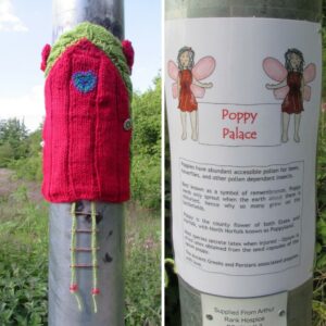 Red knitted door on the lamp post leading to Arthur Rank Hospice