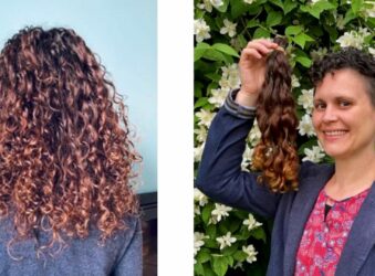 A female with long hair next to another photo of the same female with their long hair cut off