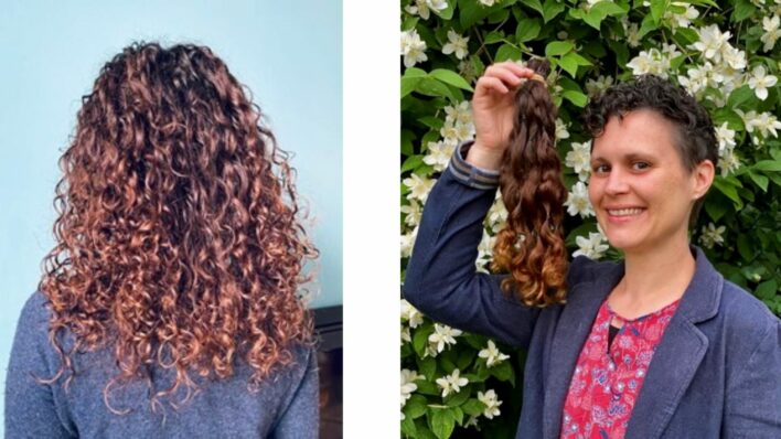 A female with long hair next to another photo of the same female with their long hair cut off