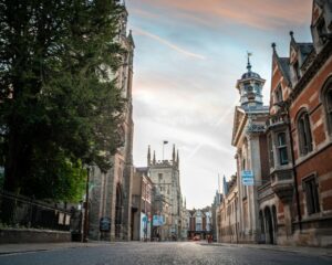 Trumpington Street in Cambridge showing historic buildings and Colleges