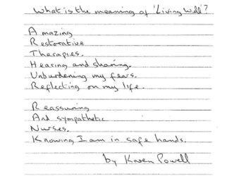 Karen's poem 'What is the meaning of Living Well' in her own handwriting