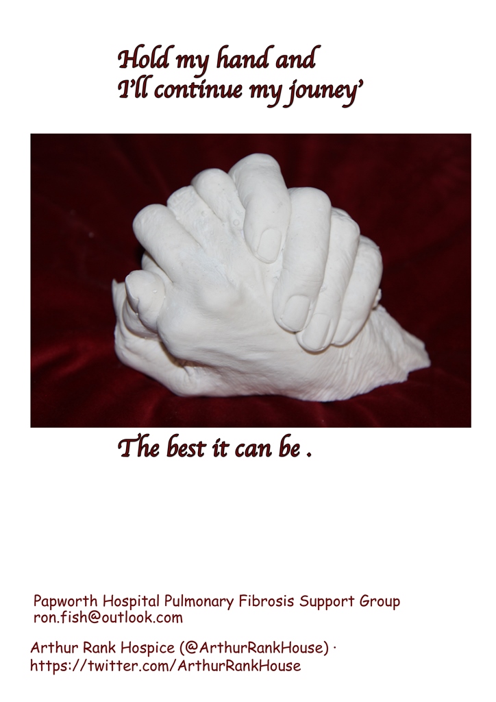 Hand cast of Laine and Geoff's hands with words 'Hold my hand and I'll continue my journey. The best it can be.'