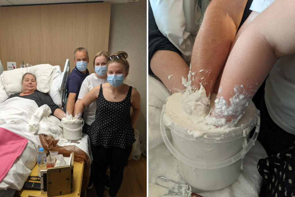 Side-by-side photos of family in Inpatient Unit bedroom making cast, and a close up showing the gloopy bucket