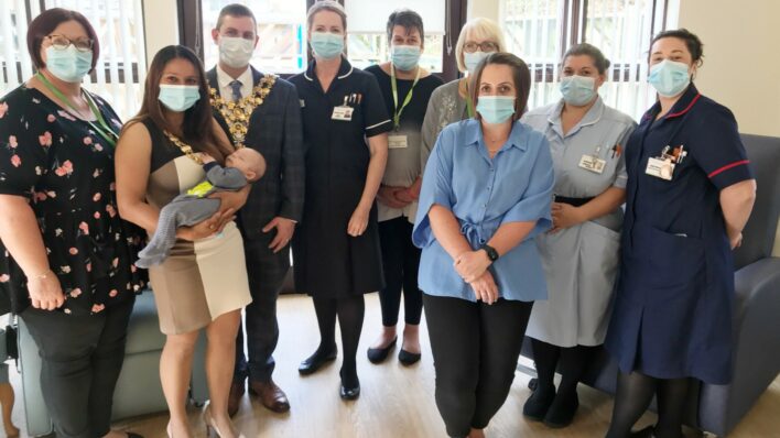 The Mayor of Wisbech, his wife, baby son and nursing staff at the alan Hudson Day Treatment Centre in Wisbech