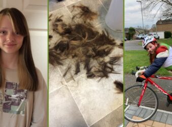 A young supporter with long hair next to an image of her shorn locks, and a young man on a bicycle