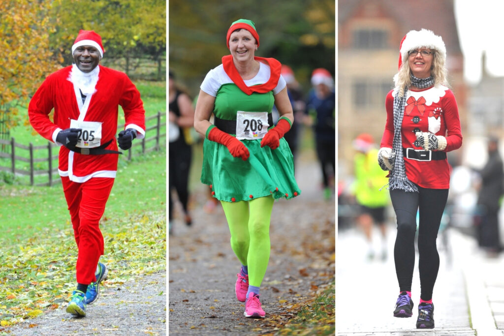 Runners in colourful Santa and Elf outfits taking part in previous years of the Festive Run