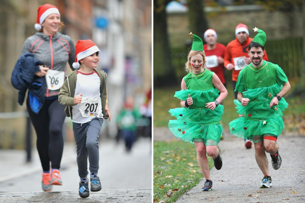 A pair in full Christmas Tree outfits (right) and a mother and son in Santa hats (left) taking part in the Festive Run in previous years