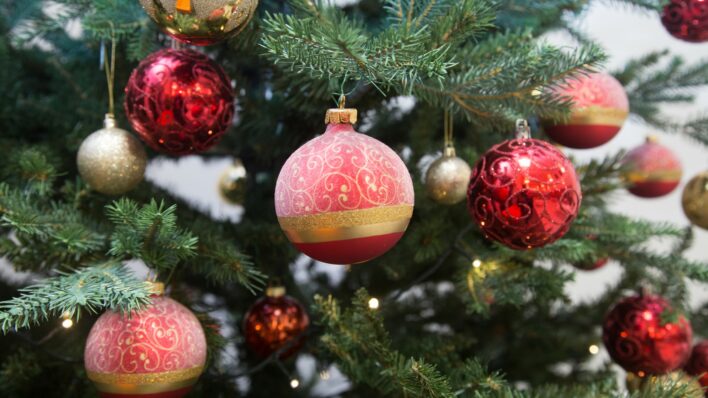 Red baubles on a green Christmas tree