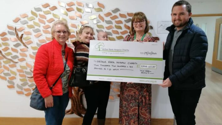 Ros, Katie, Teddy, Alison and Robert with large cheque