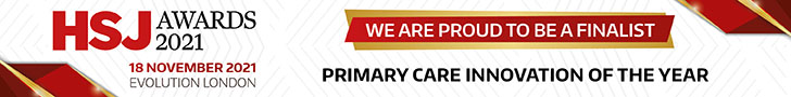 Banner saying 'We are proud to be a finalist, Primary Care Innovation of the year' with HSJ logos