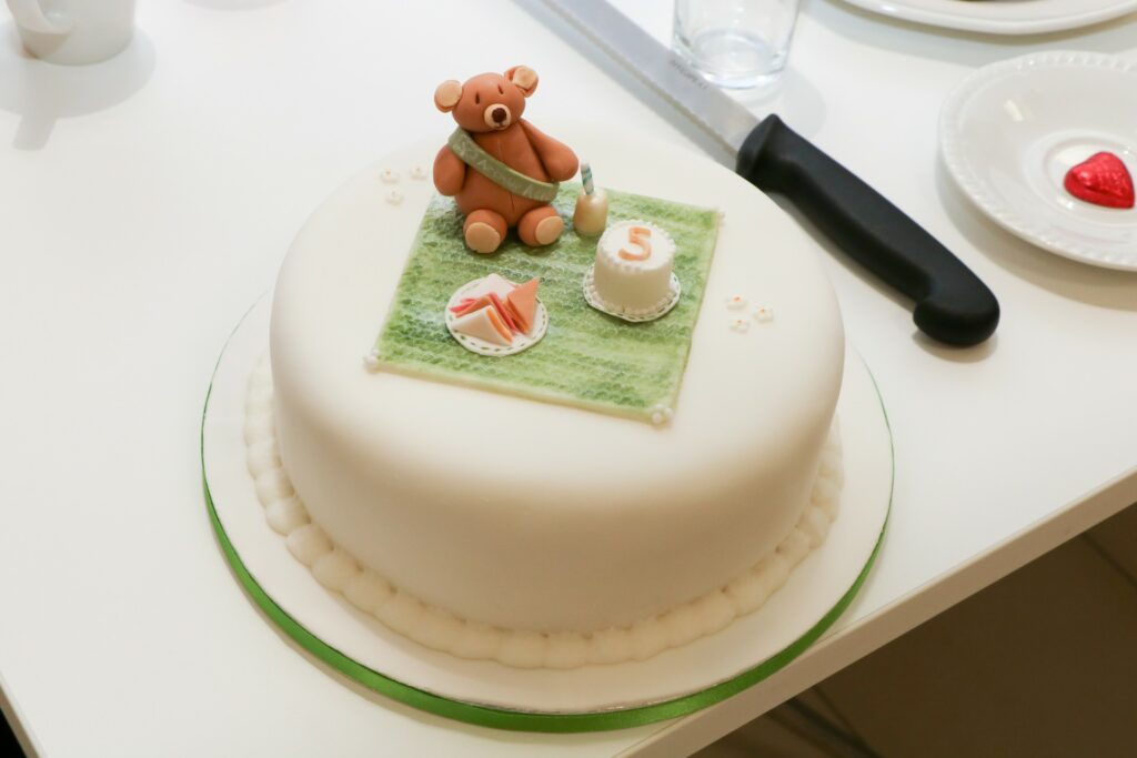 White round cake with teddy bear and green picnic blanket 