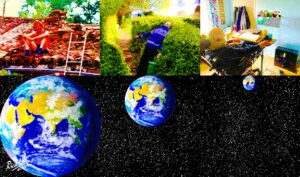 Pictures of man on roof, in hedge, in a wheelchair and the globe