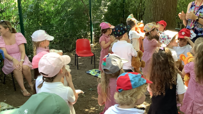 Children wearing summer hats in the garden