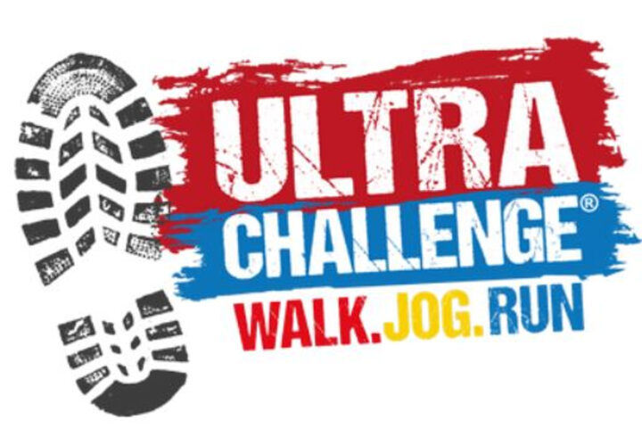 Ultra Challenge logo black boot print and red and blue and yellow text
