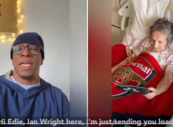 Male with bleu hat and jumper and female in a bed with Arsenal bed cover