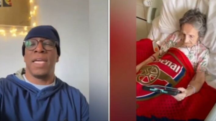 Male with bleu hat and jumper and female in a bed with Arsenal bed cover