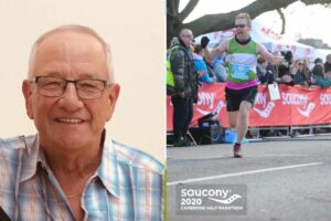 Many wearing glasses and checked shirt smiling at the camera and 2nd image man cheering at the finish line of half marathon