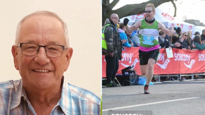 Man wearing glasses and checked shirt smiling at the camera and 2nd image man cheering at the finish line of half marathon