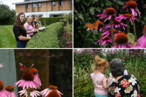 Females and a young girl and 2 butterflies in the Hospice garden 