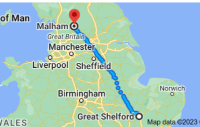 Map of England showing route from Cambridge to Malham - Tom Stead journey