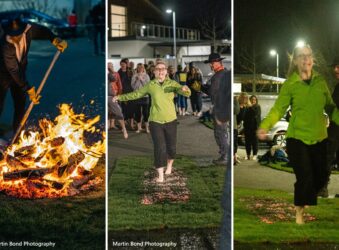3 images one of fire and 2 of female walking on coals