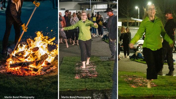 3 images one of fire and 2 of female walking on coals