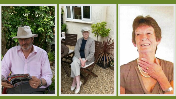 3 photos on green background. one of man in hat, 2nd lady in the garden 3rd ladies headshot.